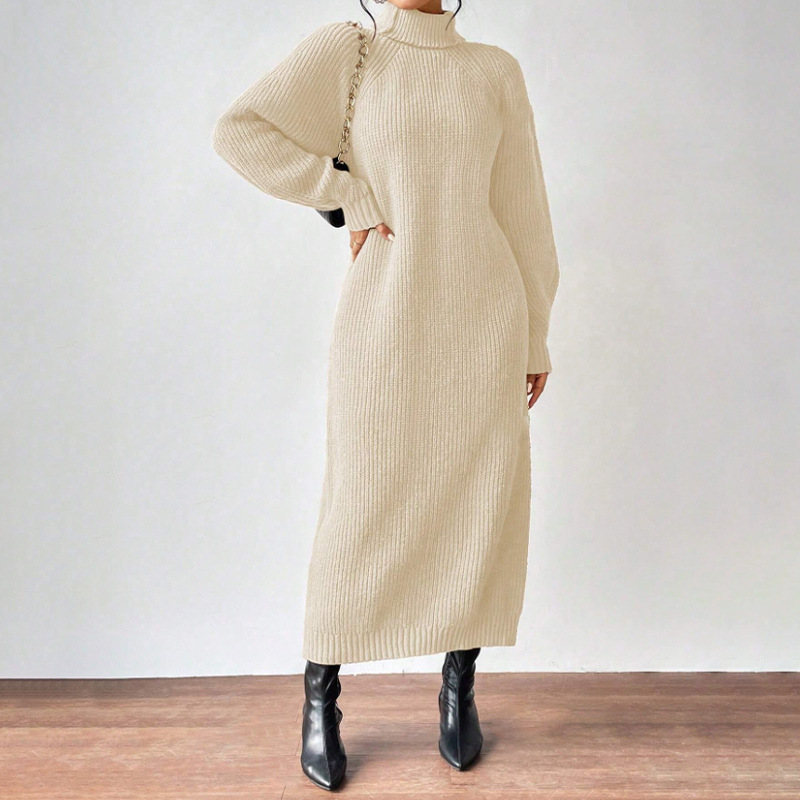 New Winter Knit Dresses Women Turtleneck Style Straight Long Dress Autumn Solid Full Sleeve Thick Casual Vestidos Lady