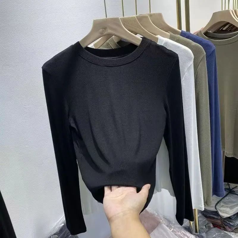 Womens Slim Fit O-Neck Long Sleeve Basic T-Shirt – Stretchy Ribbed Knit Casual Top