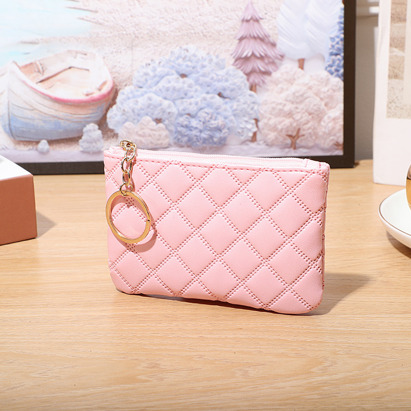 Luxury Plaid Leather Coin Purse for Women Mini Zipper Wallet with Keychain