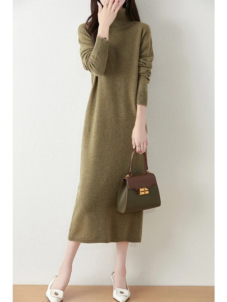 100% Merino Wool Turtleneck Knit Sweater Dress