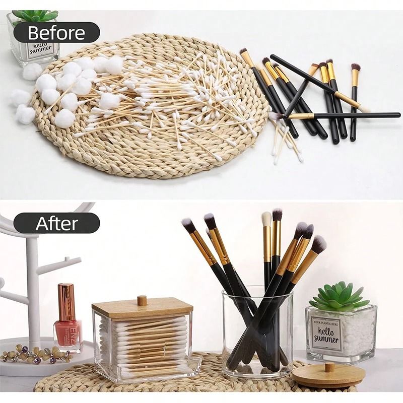 7 Oz Cotton Swab and Pad Holder with Wood Lid