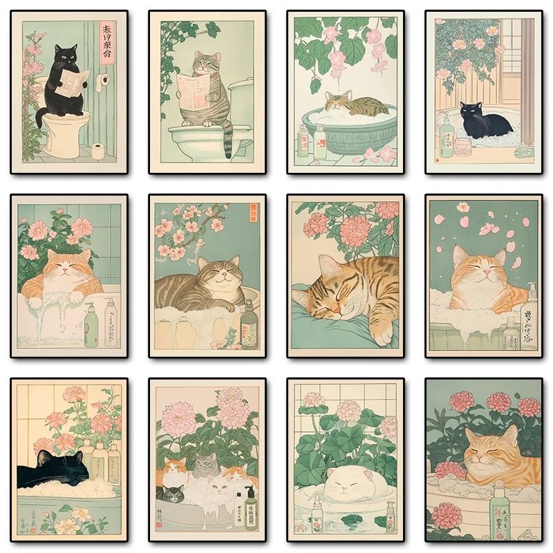 Japanese Retro Aesthetic Tabby Cat Bathroom Canvas Art