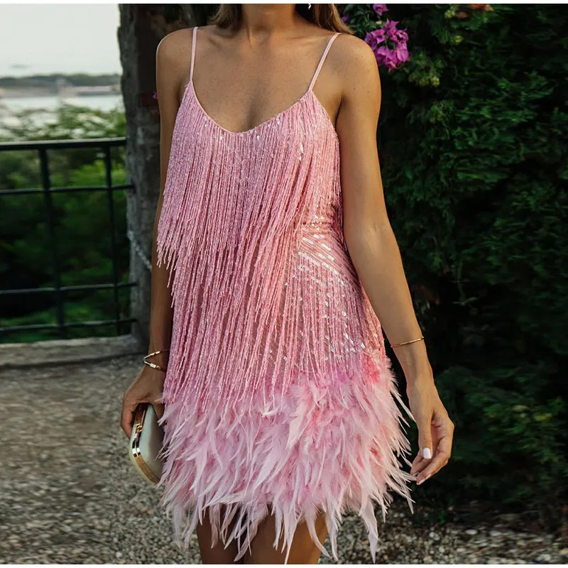 Sequin Feather Tassel Mini Dress for Women Elegant Party Club Wear