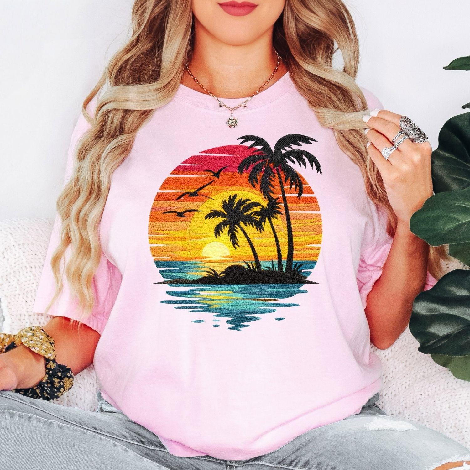 Sunset Palm Tree Shirt Tropical Beach Graphic Tee Summer Vacation Outfit