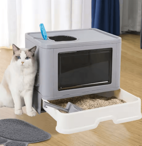 Foldable Enclosed Cat Litter Box – Top Entry Odor Control Kitty Toilet with Scoop