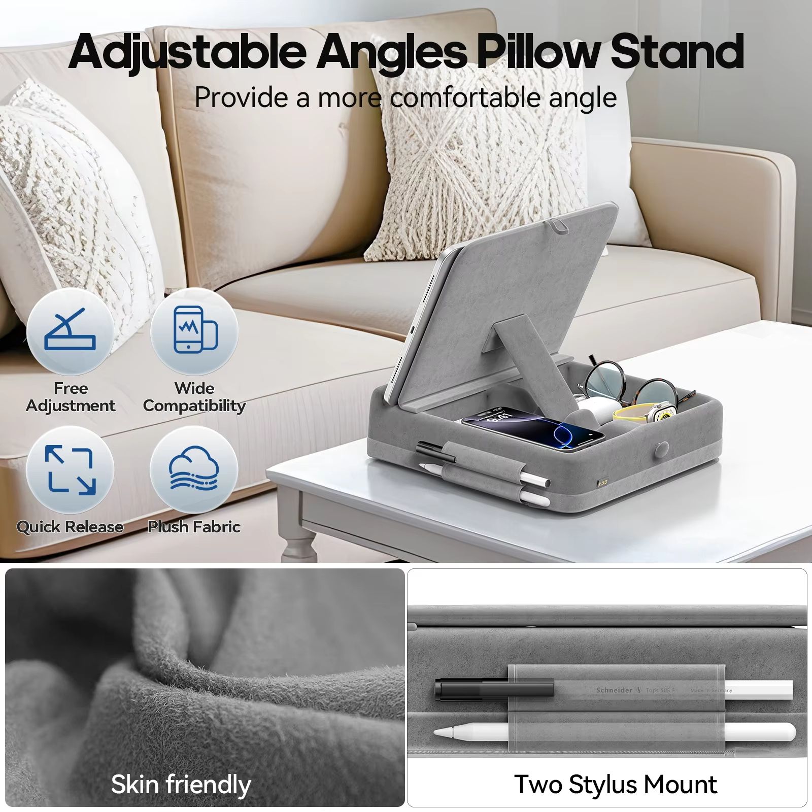 ComfortPad Foldable Tablet Pillow Stand with Storage and Stylus Mount