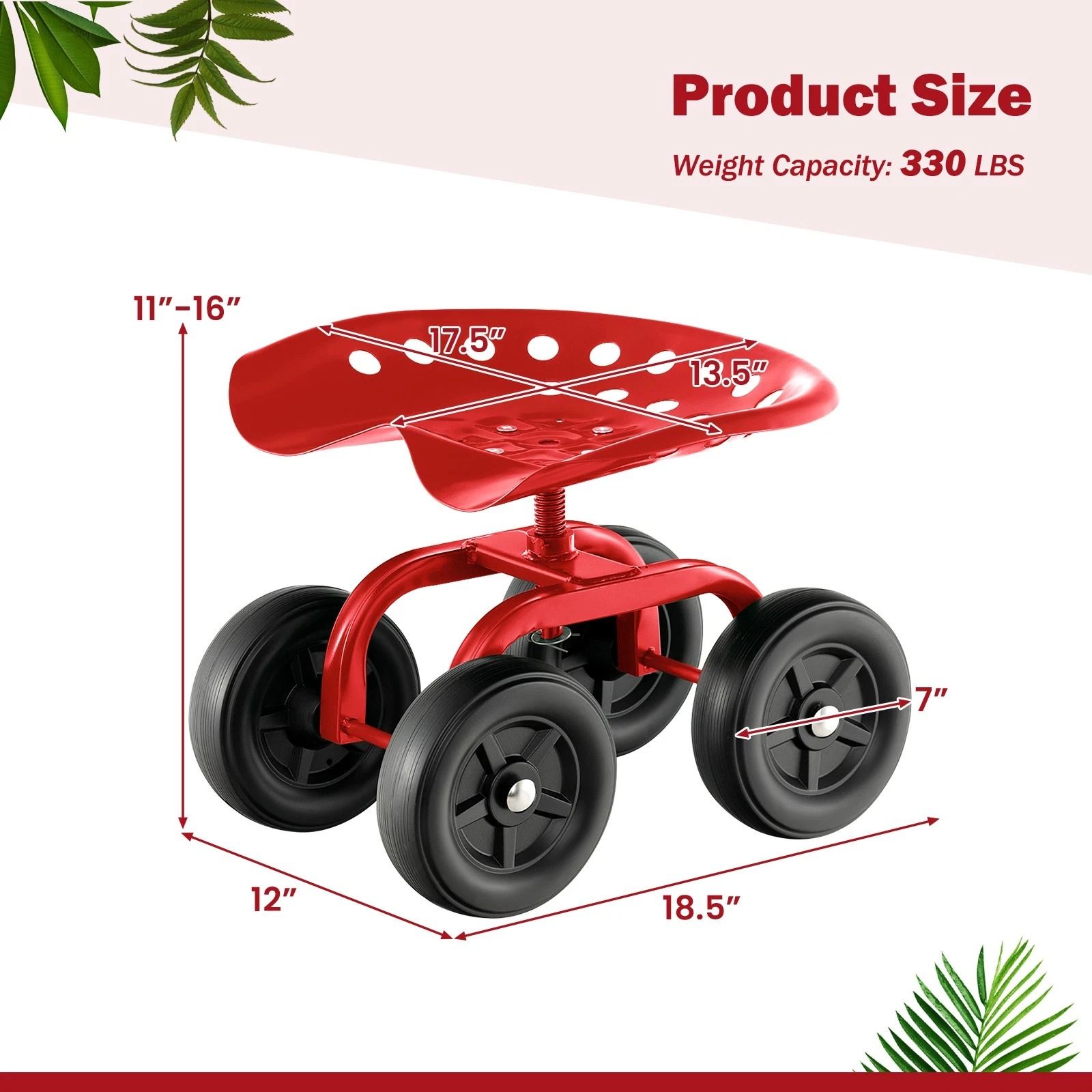 Heavy Duty Rolling Garden Cart with Adjustable Height & 360° Swivel Seat