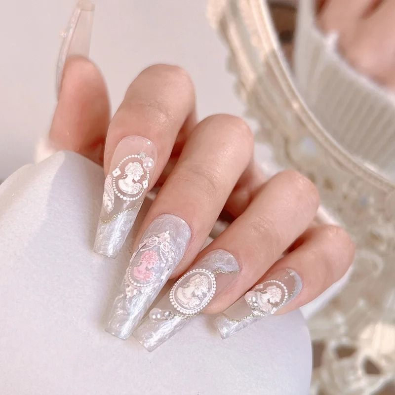 Baroque Pearl Nail Stickers With Iridescent Shell And Lace Pattern