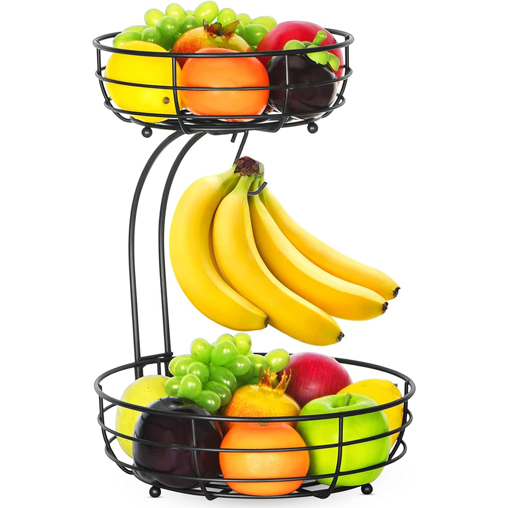 Countertop Fruit Basket Bowl with Metal Wire and Banana Hanger Storage Holder