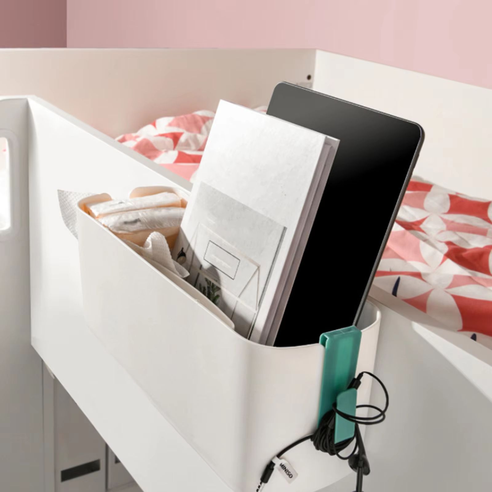 Bedside Storage Caddy with Double Hook Hanging Organizer for Beds and Cribs
