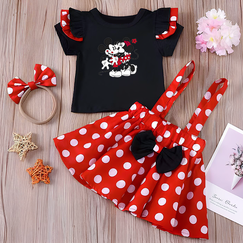Minnie Mouse Girl Set, Summer Birthday Costume, Baby Clothing Set with Polka Dot Suspender Skirt and Bow Headband Skirt