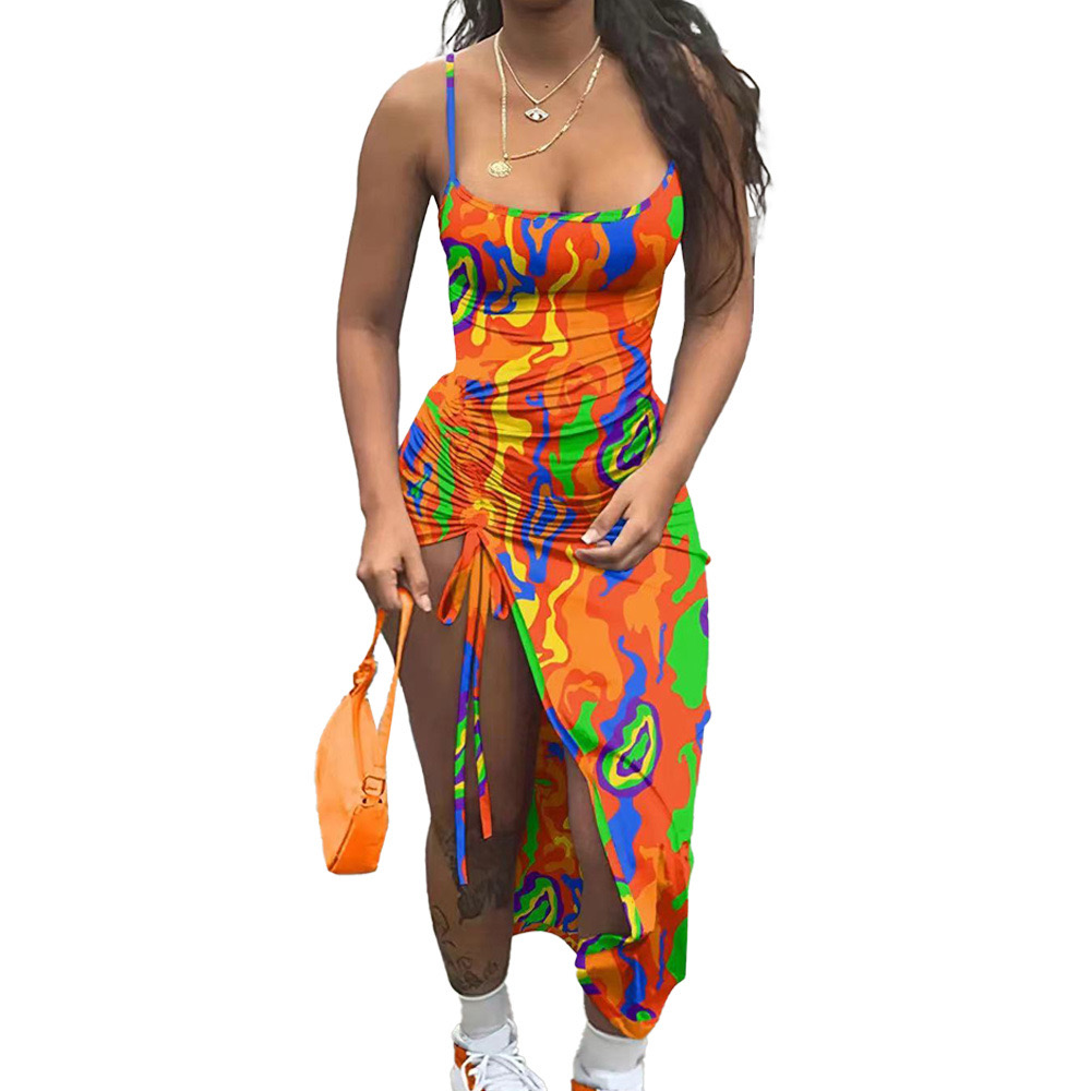 Women Summer Sexy Suspender Long Dress, Split Printing Tie-Up, Fashionable Elegant Club Beach Party Clothing