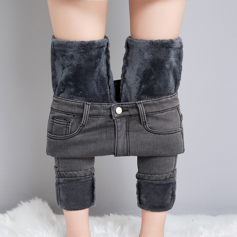 Women Thermal Jeans, Warm Fleece Lined Winter Denim Pants, Stretch Skinny Retro Blue Thicken Pencil Trousers