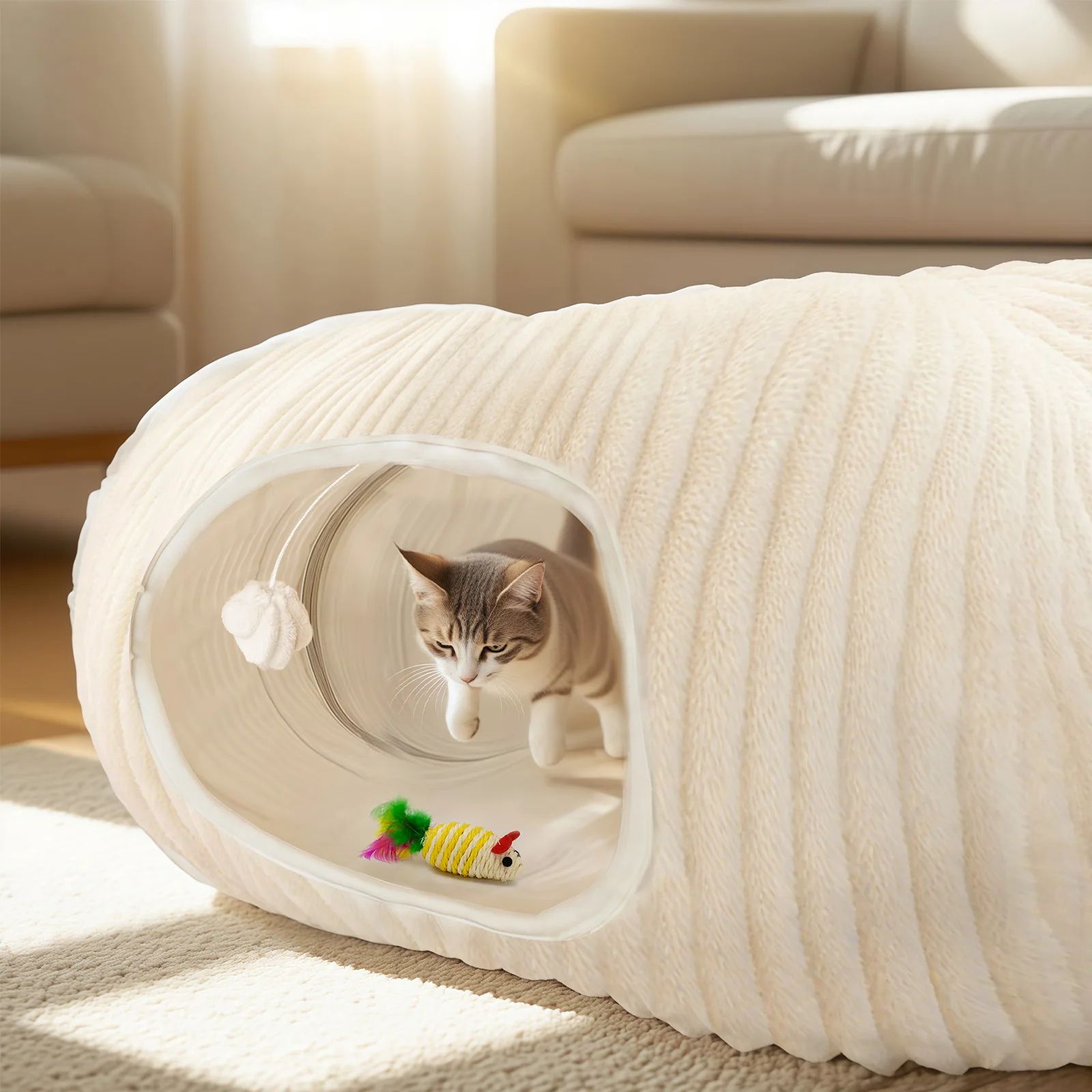 Plush Cat Tunnel Bed with Toys