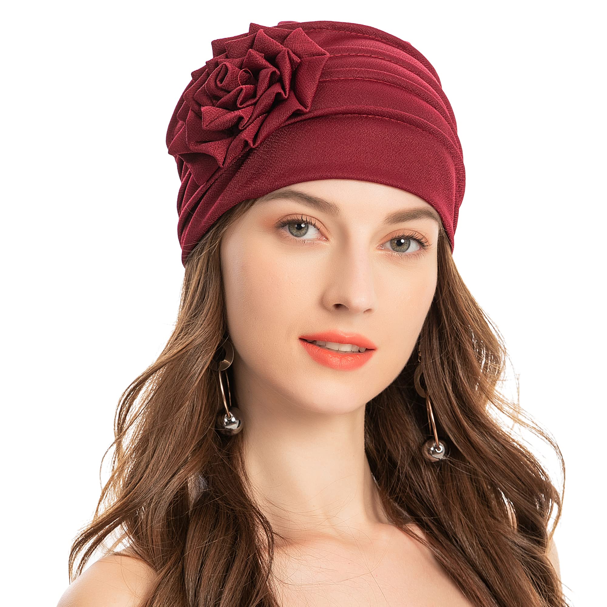 Solid Color Muslim Fashion Women, Hijab Turban Beanie Hat with Flower, Elastic Chemo Head Wrap Cap
