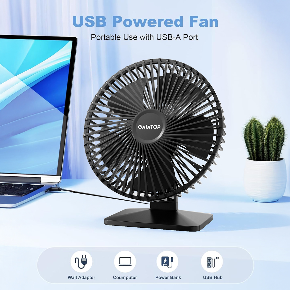 Gaiatop Portable USB Desk Fan, 90° Adjustable, Ultra-Quiet 4-Speed Cooling Fan for Home, Office & Travel
