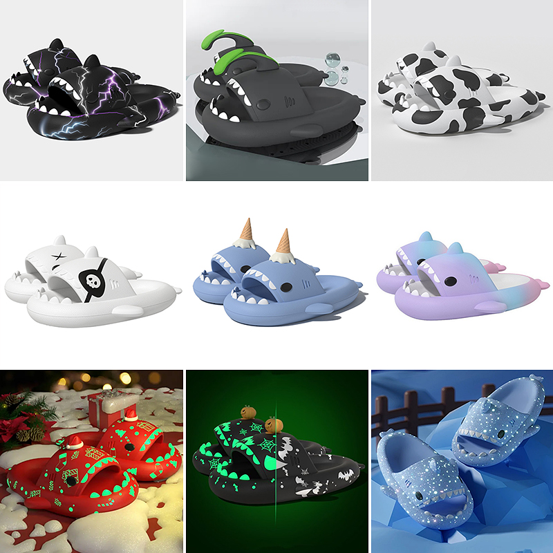 Men Luminous Christmas Shark Slippers, Pirate Milk Cow Sandals, Non-slip EVA Flip Flops, Adult Bathroom Shoes