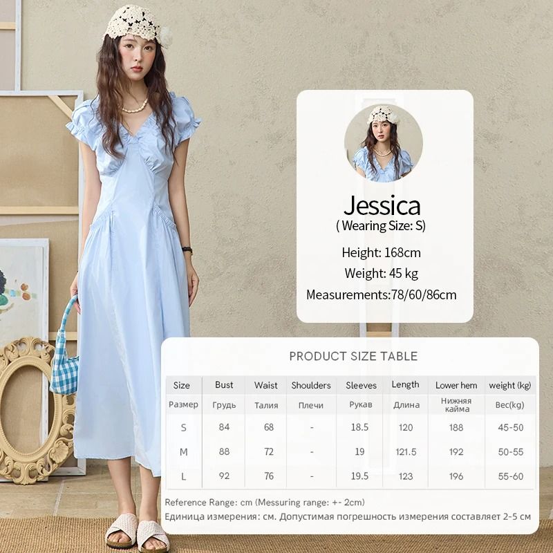 MISHOW V-Neck Puff Sleeve Dress | Premium 100% Cotton Slim Midi Dress & Professional 2025 Summer Office Outwear
