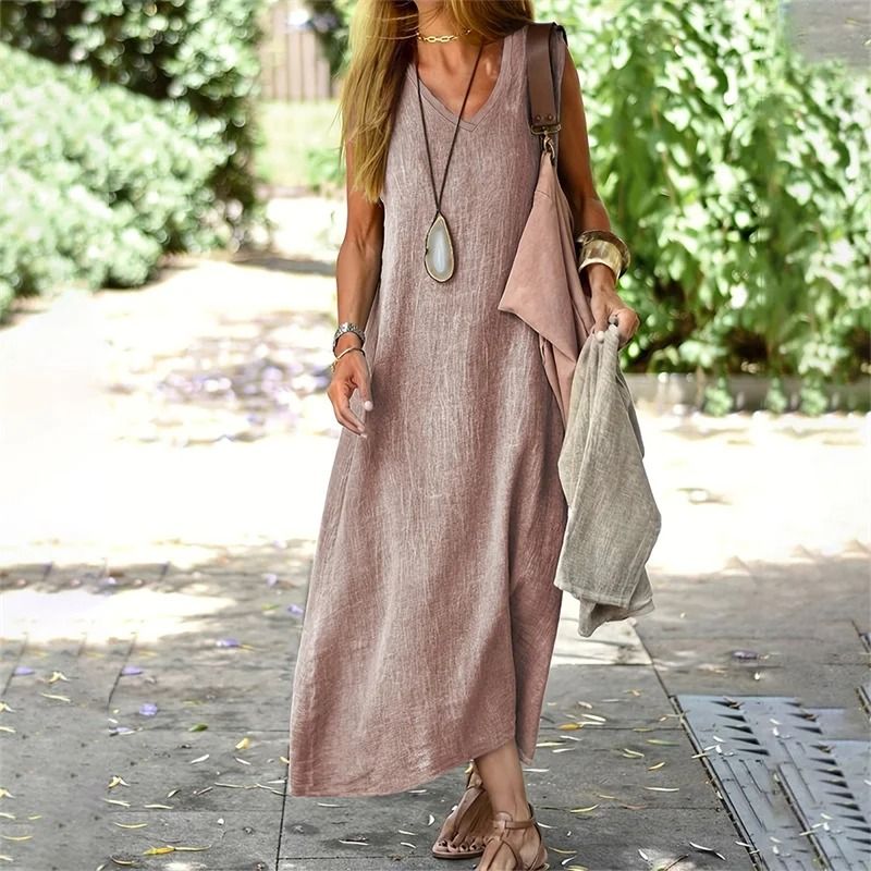 Womens V Neck Cotton Linen Loose Waist Sleeveless Summer Dress