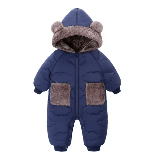 2025 Bear Ear Hooded Baby Snowsuit – Fleece Lined Winter Romper for Infants & Toddlers