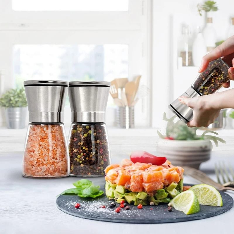 Salt and Pepper Grinder Set with Adjustable Coarseness Glass Body