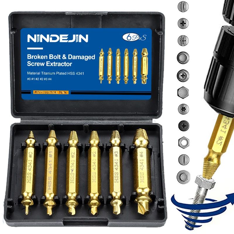 NINDEJIN Damaged Screw Extractor Drill Bit Set (4–6pcs) for Stripped Screws & Bolts