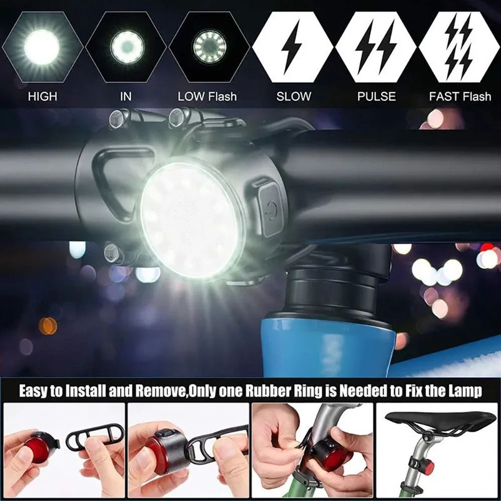 Increase your visibility and safety during night rides with this rechargeable bike light set featuring both front and re