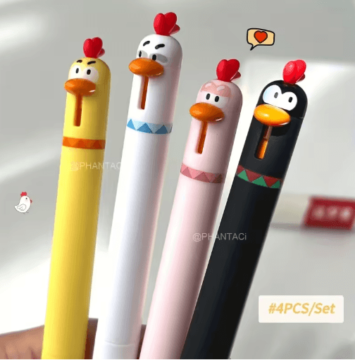 Cute Chicken Gel Pen Set 4pcs Funny Rotating Black Ink Pens (0.5mm)