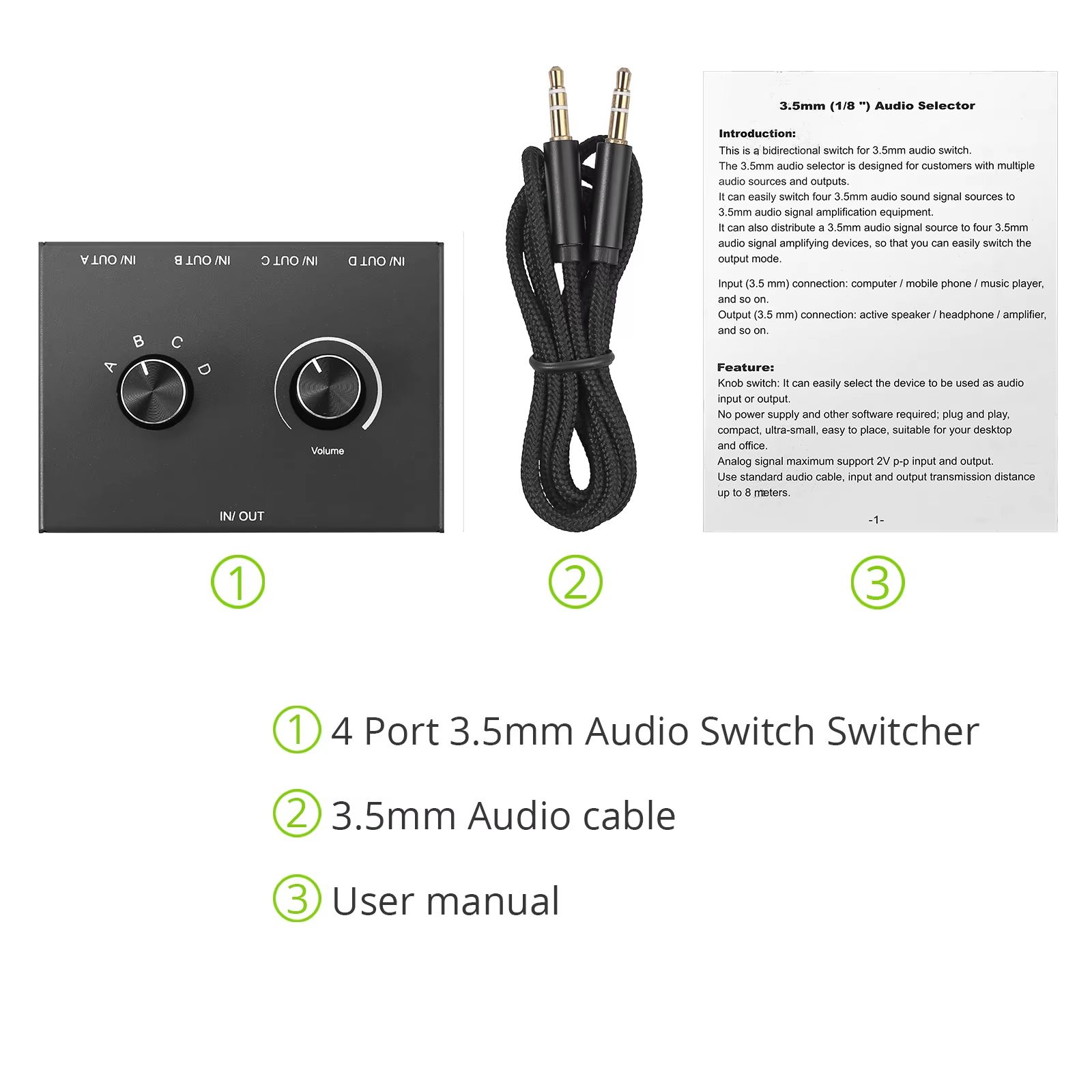 4/2 Way 3.5mm Stereo Audio Switcher – Bi-Directional Splitter Box with Mute