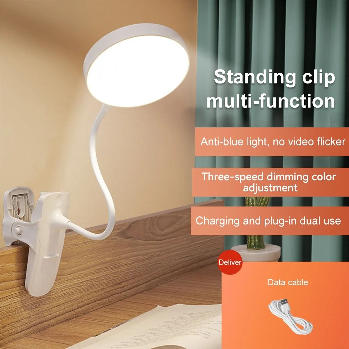 USB Rechargeable Desk Lamp LED Clip Reading Light with Eye Protection and 3 Dimming Modes