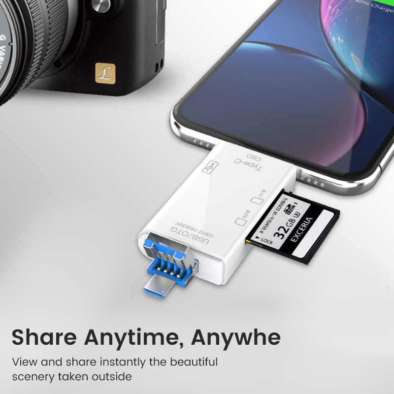 6 in 1 OTG Type C Card Reader USB 2.0, TF Micro SD Flash Drive Adapter, Smart Memory Storage for Mobile Accessories