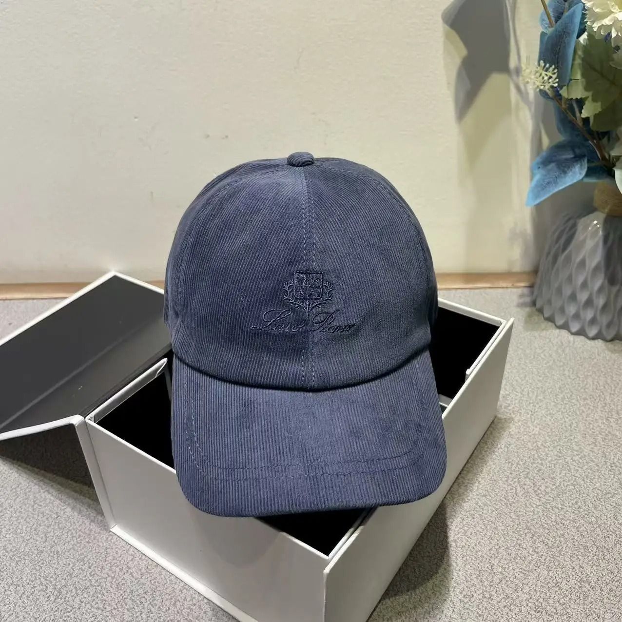 Ribbed Velvet Embroidered Letter Baseball Cap with Adjustable Velcro Fit
