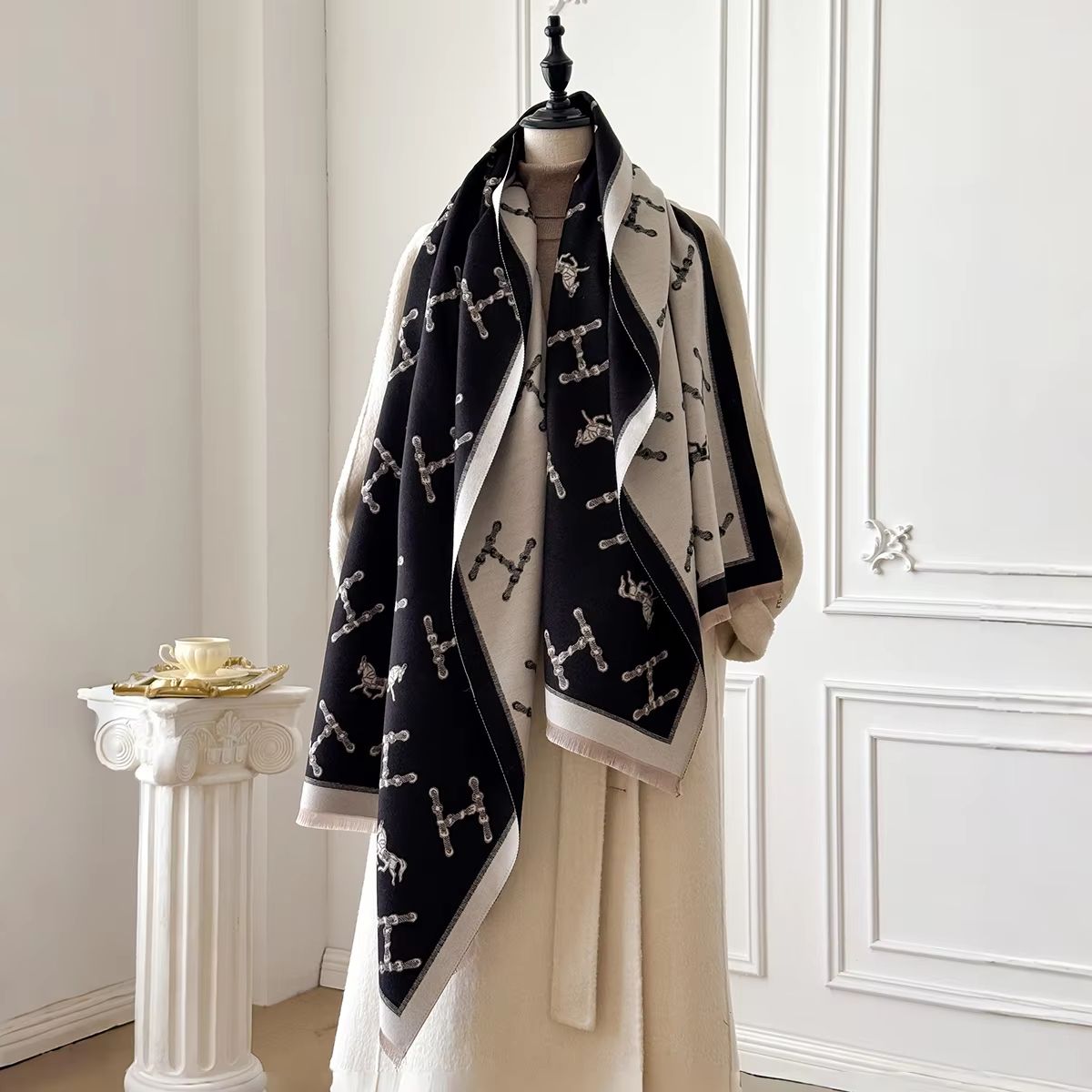 Women's Luxury Cashmere Winter Floral Shawl – Thick Warm Pashmina Wrap & Poncho