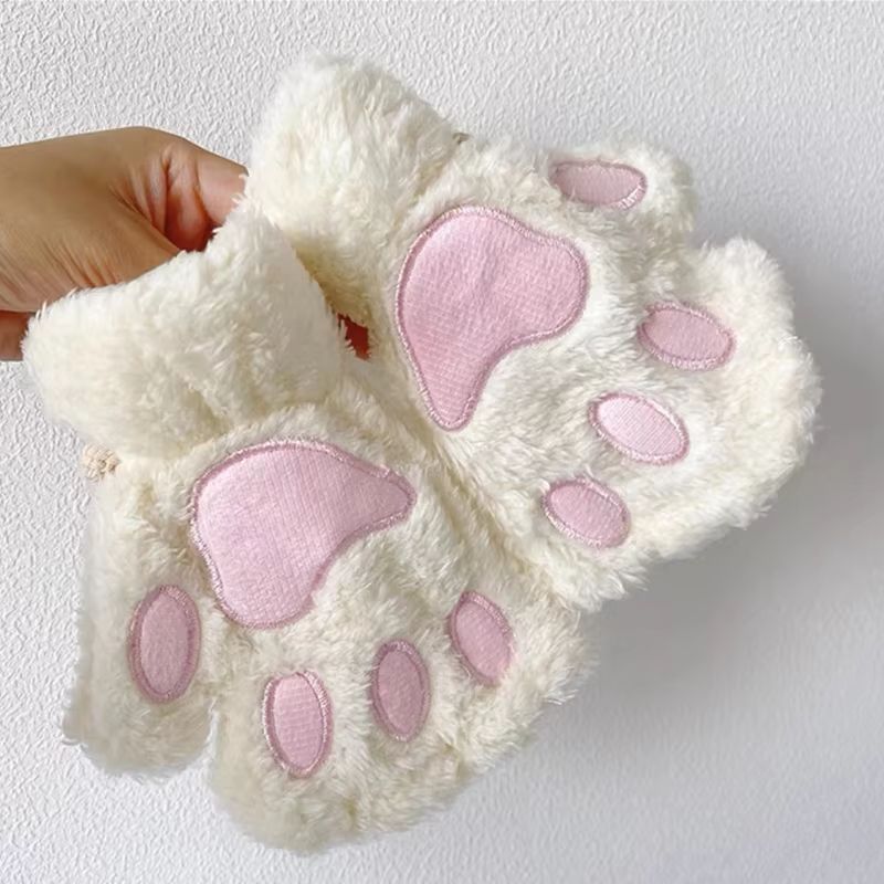 Cartoon Cute Cat Claw Paw Gloves – Plush Mittens for Women, Warm & Soft Fingerless Bear Cat Gloves