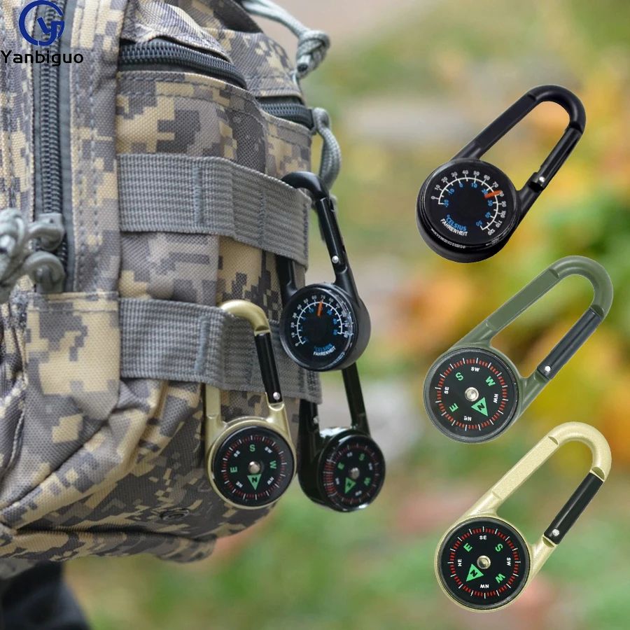 3 in 1 Mini Compass Thermometer Carabiner Keychain
