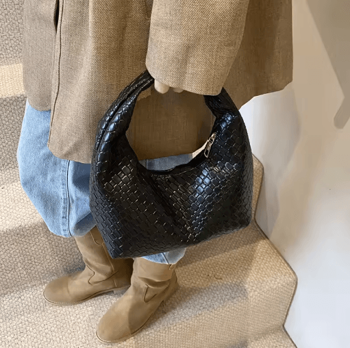 Womens Woven Embossed Hobo Shoulder Bag Soft PU Leather Small Top Handle Handbag