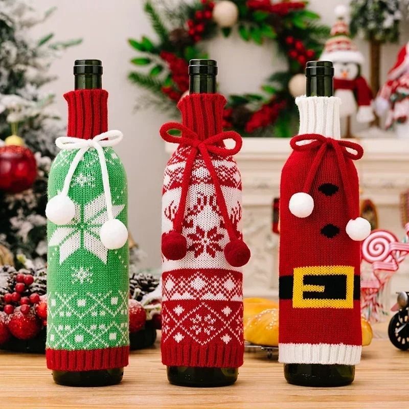 Festive Christmas Wine Bottle Covers – Cartoon Santa & Snowman Knitted Bags for Holiday Decor