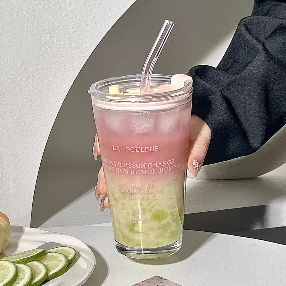 Cute Glass Tumbler with Straw and Lid, Transparent Bubble Tea Cup, Iced Coffee Juice Tea Glass, Letter Design Gift