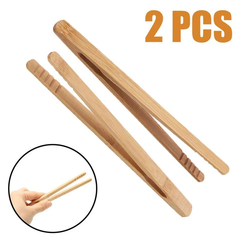2 Pcs Bamboo Wooden Kitchen Tongs – Eco-Friendly 7 inches Toast, Salad & Tea Serving Tongs