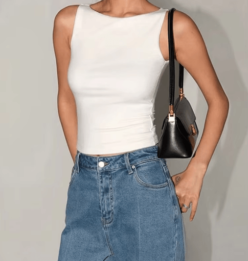 Womens Double Layer Boat Neck Tank Soft Slinky Sleeveless Top