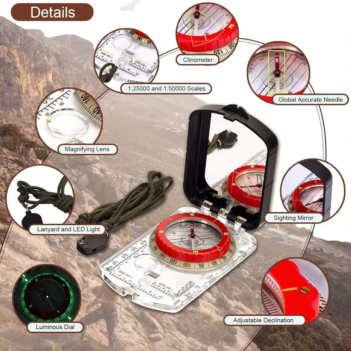 Tilt Mirror Aiming Compass with Night Light Essential Tool for Hiking, Camping & Mountaineering