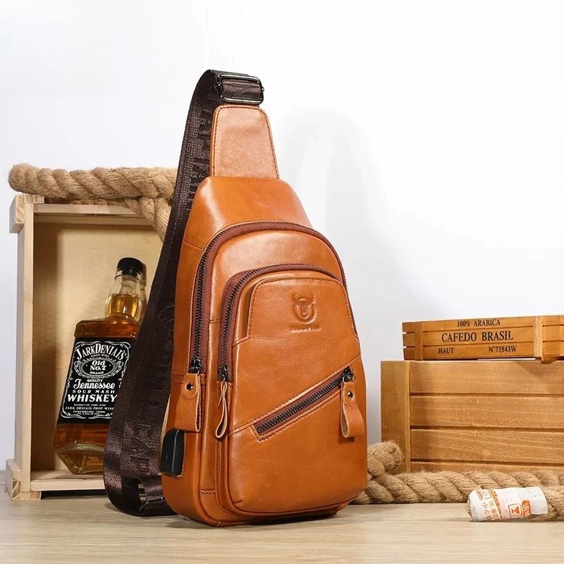 BULLCAPTAIN Mens Leather Chest Bag Large Capacity Casual Crossbody Sling