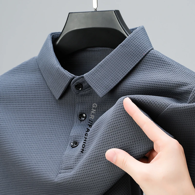 Casual Mens Waffle Long Sleeved POLO Shirt, Letter Printed Lapel Top