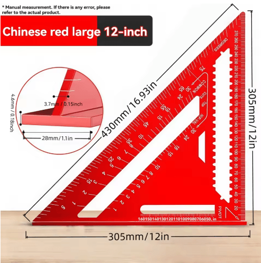 12 Inch Precision Triangle Ruler Red Aluminum Alloy Angle Finder with Metric Scalemea