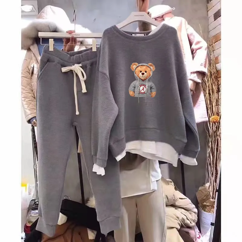 Women's Fleece Lined Two Piece Set, Tweed Style Sport Suit, Casual Fashionable and Slimming, Autumn Winter Outfit