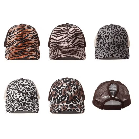 Leopard Print High Ponytail Trucker Hat Breathable Womens Mesh Snapback Cap