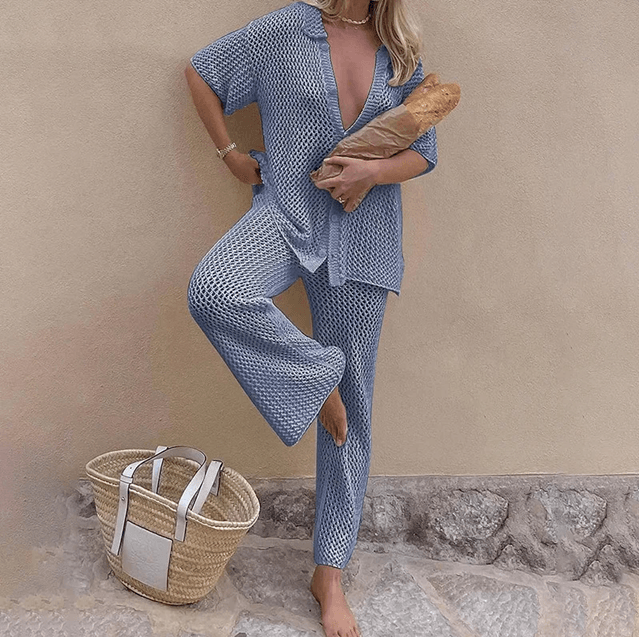 Womens 3 Piece Mesh Beach Outfit Set Knitted Cover Up Cardigan and High Waist Pants