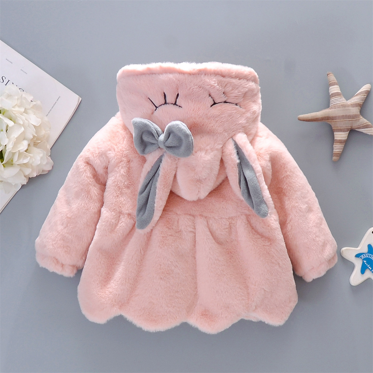 Baby Girl Clothes Long Sleeve Set, Cute Rabbit Hoodie Jacket, Winter Plush Bow Outfit Kids Clothes with Bag