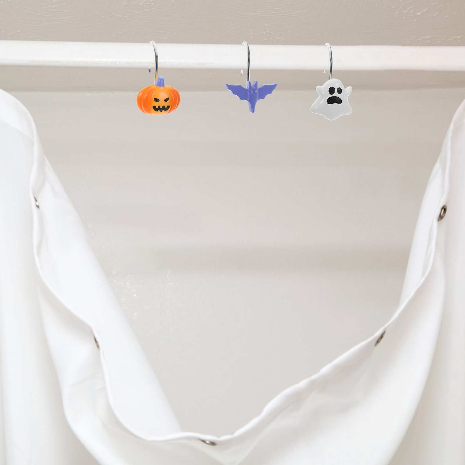 12 Pcs Halloween Shower Curtain Hooks, Bat, Pumpkin & Ghost Theme Decorative Bath Rings, Spooky Bathroom Accessories