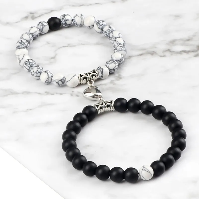 Natural Stone Beads Bracelet For Lovers Heart Magnet Distance Couple Friendship Jewelry Gift